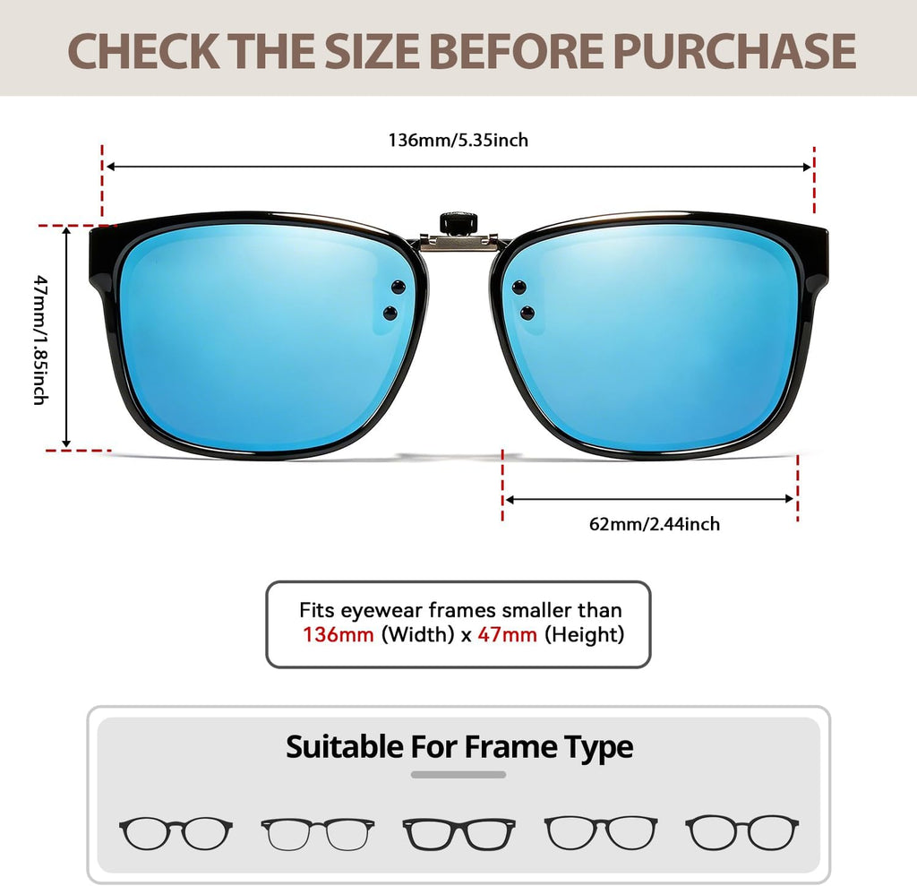 TJUTR Polarized Clip-On Sunglasses for Eyeglasses, Unisex Classic Rectangle Frame Looks Like Real Sunglasses UV400 Protection