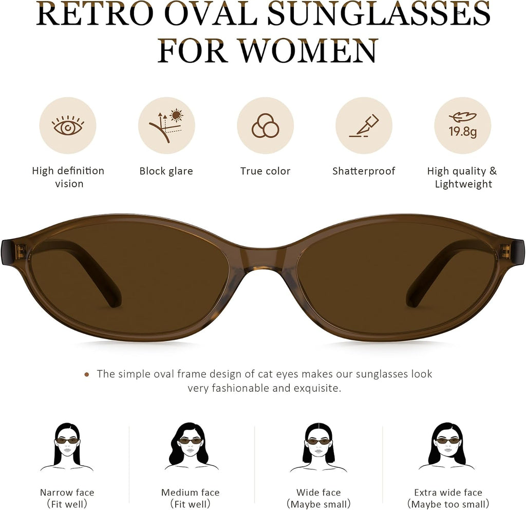 Sunglasses Womens Retro Oval Sunglasses for Women - Cat Eye 90s Glasses Y2K UV400 Lightweight Narrow Shades