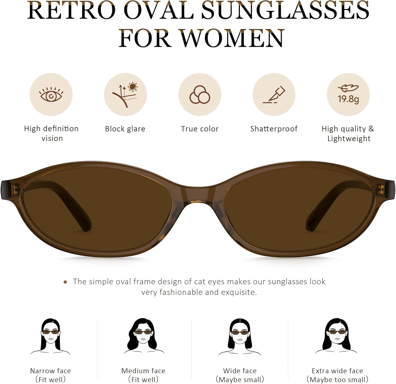 Sunglasses Womens Retro Oval Sunglasses for Women - Cat Eye 90s Glasses Y2K UV400 Lightweight Narrow Shades