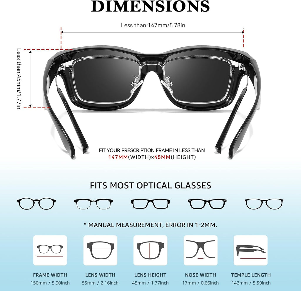 TJUTR Polarized Fit Over Glasses Sunglasses for Men Women, Wrap Around Square Sun Glasses UV400 Protection Shades for Driving